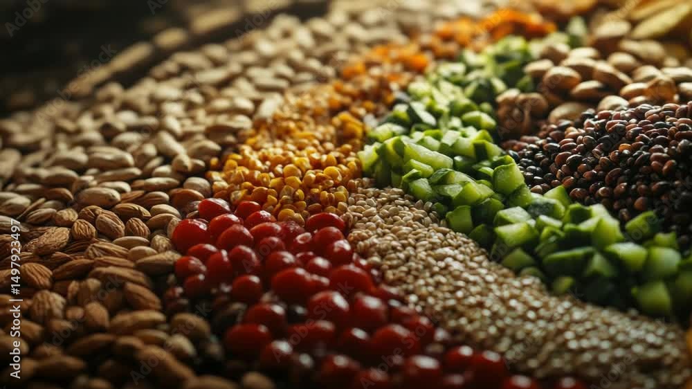 Poster A colorful arrangement of various fruits and nuts in a circular shape