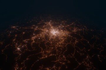 Aerial view on Pristina (Kosovo) from east. Top view on modern city at night from space