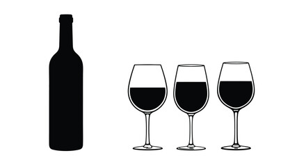Set of wine bottle with wine glasses vector icons. Silhouette bottle and glass of wine vector. Alcohol glass icon