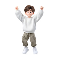 Celebrating Success in the Workplace: A Joyful 3D Cartoon Boy in a White Sweater and Khaki Pants Jumping With Excitement