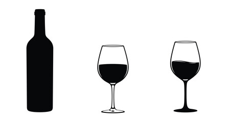 Set of wine bottle with wine glasses vector icons. Silhouette bottle and glass of wine vector. Alcohol glass icon