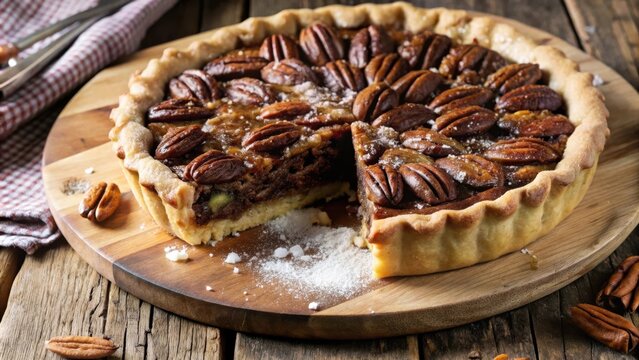 A slice of pecan pie with a flaky crust, dusted with powdered sugar, sits on a rustic wooden board. The filling is rich and gooey, with pecans scattered throughout.