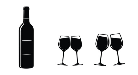 Set of wine bottle with wine glasses vector icons. Silhouette bottle and glass of wine vector. Alcohol glass icon