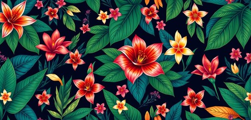Seamless dark blue floral jungle pattern with exotic flowers and leaves , decor, illustration