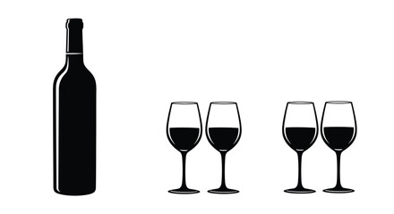 Set of wine bottle with wine glasses vector icons. Silhouette bottle and glass of wine vector. Alcohol glass icon