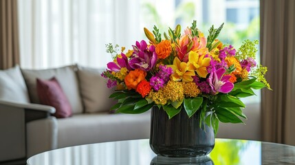 A vibrant flower arrangement on a table in a stylish living room setting.