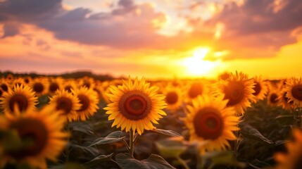 Obraz premium A field of sunflowers basks in the warm glow of the setting sun.