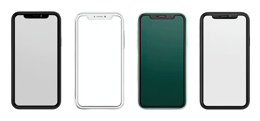 Four blank smartphone screens in various colors and frames