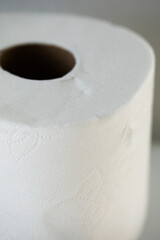 a closeup of a roll of white textured toilet paper 