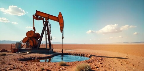 Fototapeta premium Crude oil gushing from a wellhead in a remote, arid landscape under a vast sky The dark liquid contrasts sharply with the dry earth and the bright sunlight , tanker, petroleum, pipeline