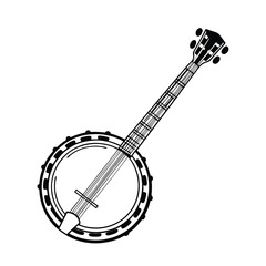 Banjo musical instrument in monochrome style isolated on white background vector illustration. Banjo, stringed acoustic wooden banjo. banjo icon silhouette vector art illustration.