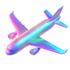 Iridescent airplane model with visible engines and wings against a black isolated background view from below on transparent background