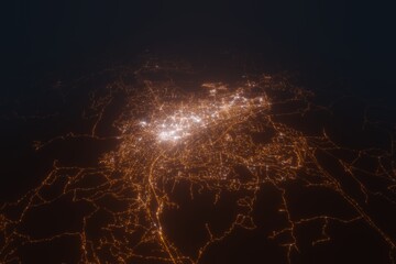 Aerial view on Santa Fe (USA) from north. Top view on modern city at night from space