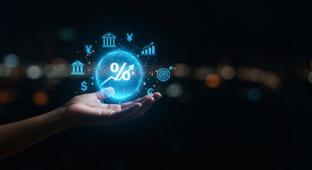 Fototapeta premium Hand holding a glowing percentage symbol, surrounded by financial icons