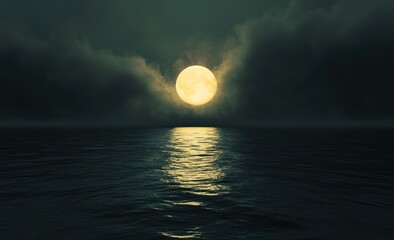 Full moon, dark clouds, still ocean.  A large, luminous, pale yellow moon dominates a dark sky obscured by thick, ominous clouds.  The ocean, a deep, inky blue-gray, mirrors the moon's light. 