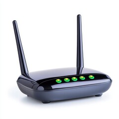 Fototapeta premium Modern black Wi-Fi router with two antennas and active LED indicators, isolated on white background for tech and network themes.