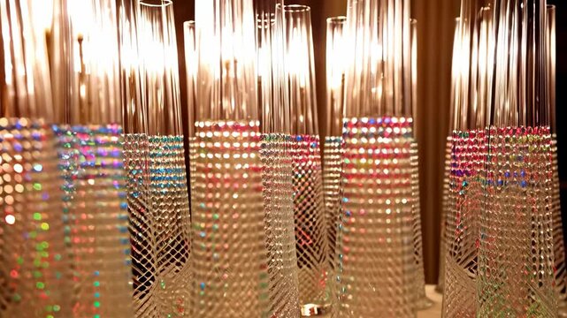 Elegant and luminous crystal glass vases display with colorful accent rhinestones in a room setting