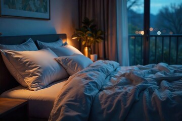 Serene bedroom scene at night, soft lighting on a cozy bed with plush pillows and blankets, suggesting peaceful sleep Perfect for relaxation, calmness, and bedtime themes , quiet, blanket, cozy
