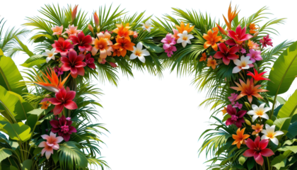 Floral Arch on Tropical Beach with Colorful Flowers and Palm Trees