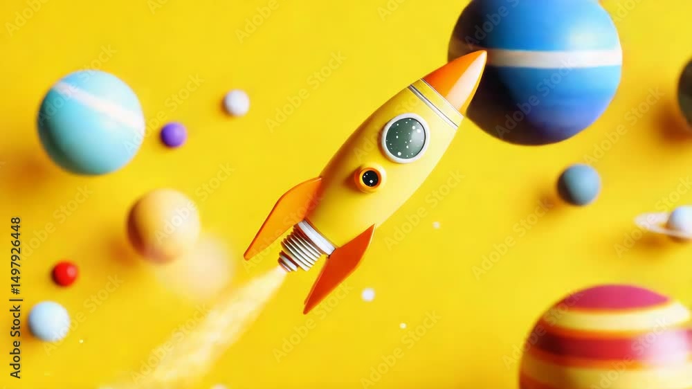 Poster a small toy rocket soaring through the cosmos, surrounded by distant planets