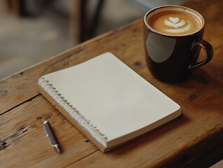 Morning Workspace: Blank Notebook and Coffee on Wooden Table