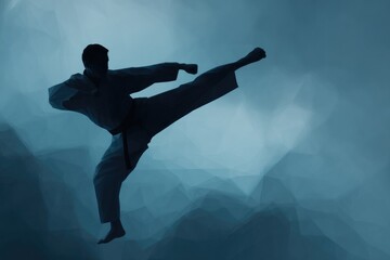 silhouette of martial artist frozen in flying kick against minimalist abstract geometric background