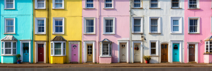Fototapeta premium Colorful houses line street, showcasing vibrant hues of blue, yellow, pink, and white. Each house features unique doors and windows, creating cheerful and inviting atmosphere