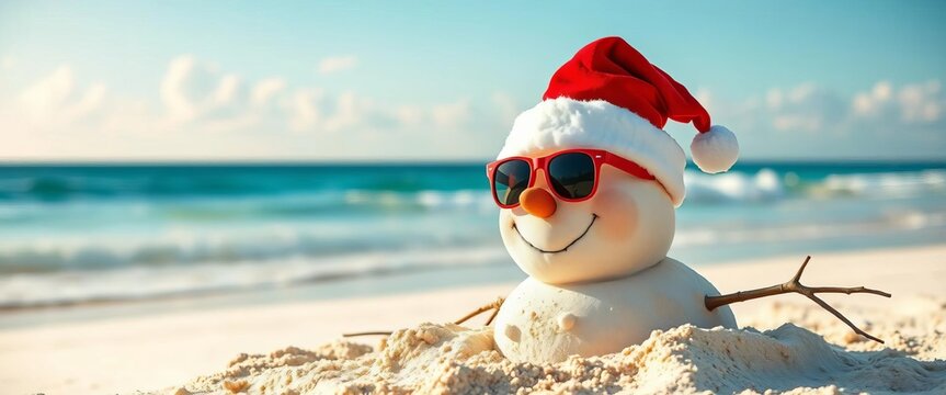 Smiling sandy snowman in red Santa hat and sunglasses on a beach, coastal, vacation