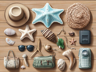 Tropical Travel Accessories Arranged on a Wooden Backdrop