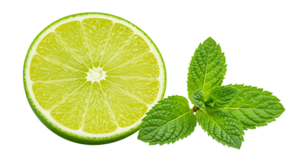 A refreshing slice of vibrant green lime paired with fragrant mint leaves evoking summer on transparent background