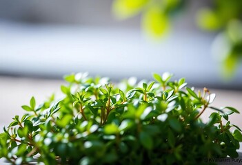 Fototapeta premium Soft, diffused light illuminates a delicate arrangement of fresh green herbs, blurred background creates bokeh effect, herbal, garden