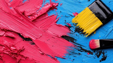 Fototapeta premium Abstract Pink and Blue Paint Strokes with Paintbrushes