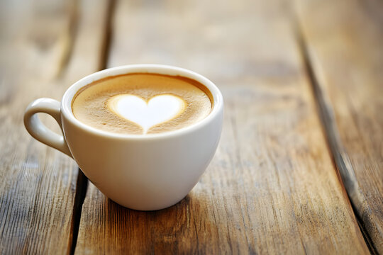 Close up of coffee cup with heart shape latte art on wood table