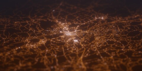 Street lights map of Concord (New Hampshire, USA) with tilt-shift effect, view from west. Imitation of macro shot with blurred background. 3d render, selective focus