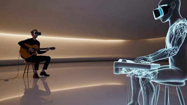 Futuristic Music Collaboration: AI Hologram and Guitarist in Digital Space