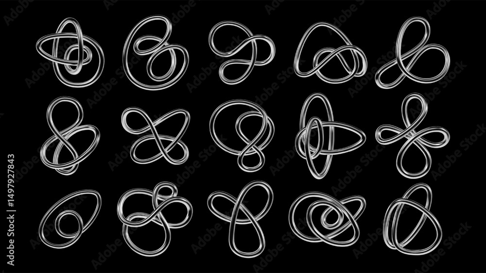 Poster collection of abstract 3d chrome shapes in y2k style. glossy twisted wire forms with fluid curves an