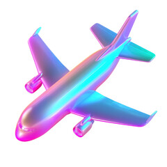 Holographic airplane model with gradient colors and black background in a studio lighting setup on transparent background