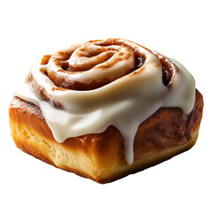 Fototapeta premium Top view of a single Cinnabon, with white icing slightly melted and covering the cinnamon roll isolated on a transparent background 