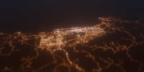 Street lights map of Salalah (Oman) with tilt-shift effect, view from north. Imitation of macro shot with blurred background. 3d render, selective focus