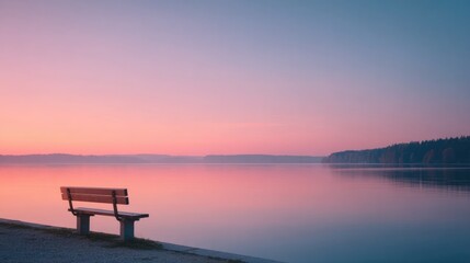 solitary bench by quiet lakeshore at sunset devoid of people