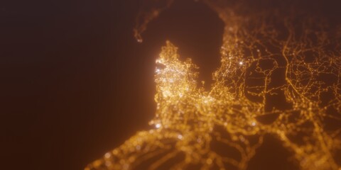 Street lights map of Split (Croatia) with tilt-shift effect, view from east. Imitation of macro shot with blurred background. 3d render, selective focus