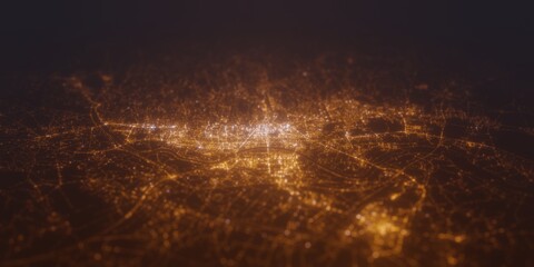 Street lights map of Zagreb (Croatia) with tilt-shift effect, view from south. Imitation of macro shot with blurred background. 3d render, selective focus