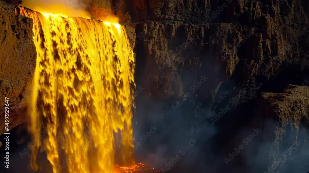 Aufkleber impressive cascade of molten lava flowing over a rocky cliff edge, creating steam and smoke in the r