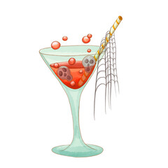 Festive watercolor cocktail in Halloween theme with eyeball and straw. Perfect for spooky party designs, invites, and posters.