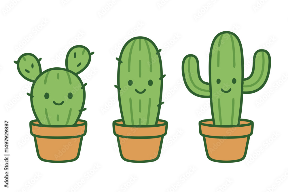 Poster three playful cacti characters stand together, each with a cheerful smile in a simple setting. vecto