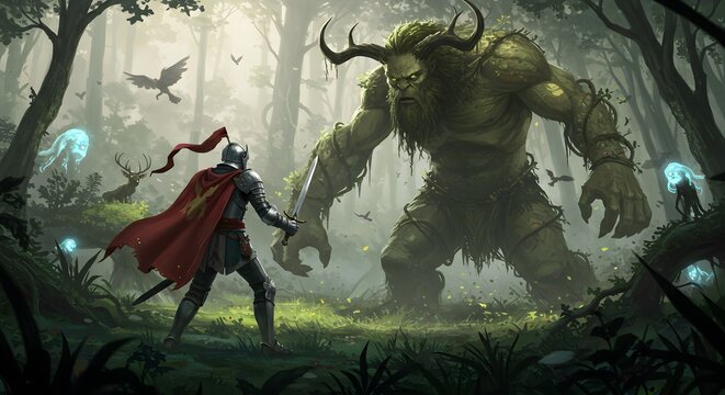Knight Vs Treant Epic Fantasy Forest Battle Artwork