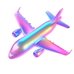 Iridescent airplane model with wings and engines on a black background in a stylized render style on transparent background