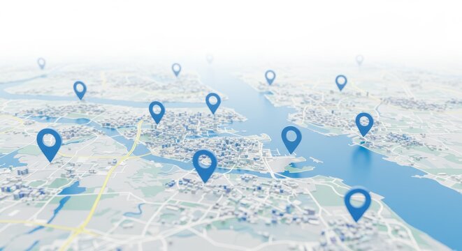 Map view with blue pins scattered across a cityscape, indicating many points of interest