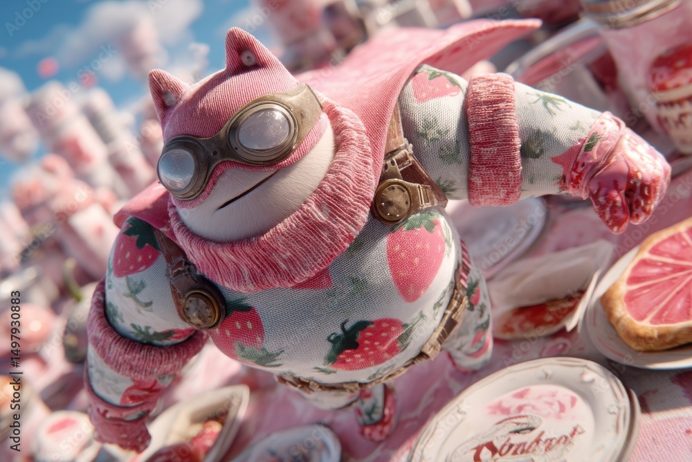 Poster a whimsically charming character with a strawberry-themed outfit and aviator goggles, seemingly flyi