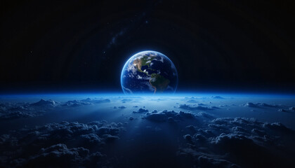 Fototapeta premium Earth viewed from space over clouds in dark atmosphere 